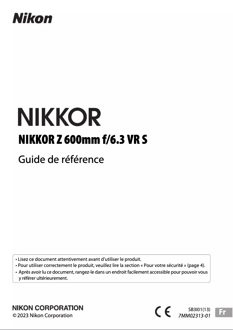 First page image of the manual for NIKKOR Z 600mm f/6.3 VR S