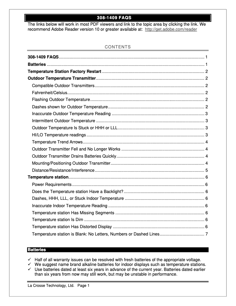 Page 1 of the manual FAQ La Crosse Technology 308-1409W