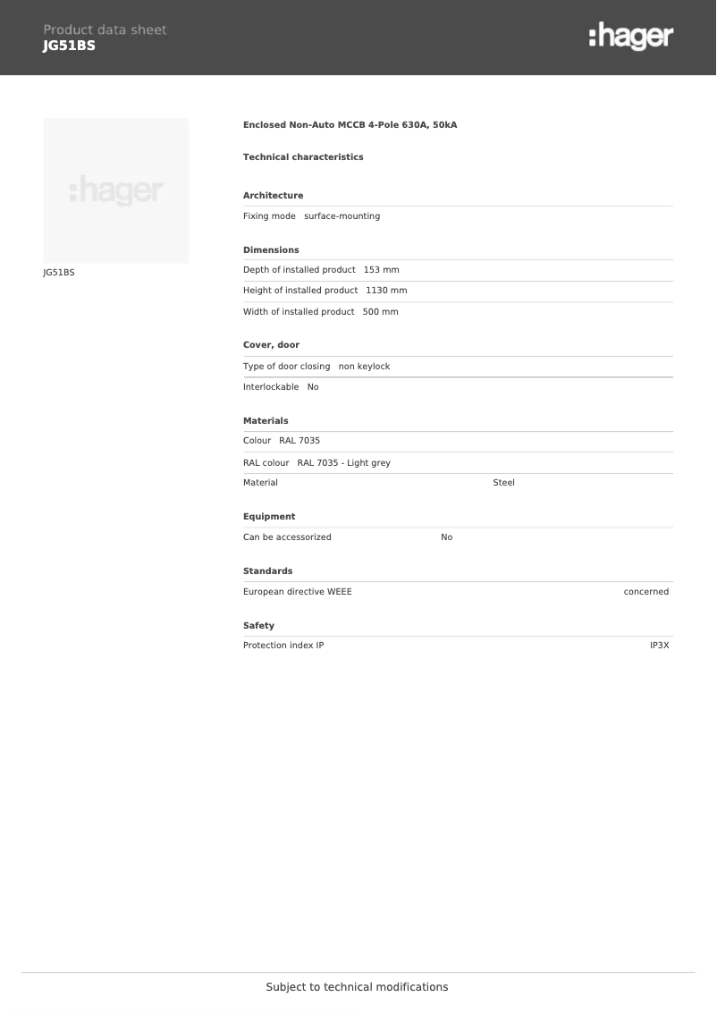 Page 1 of the manual Technical Sheet Hager JG51BS