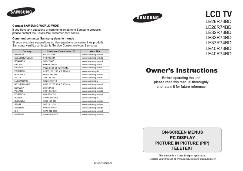 Page 1 of the manual User Manual Samsung LE26R73BD