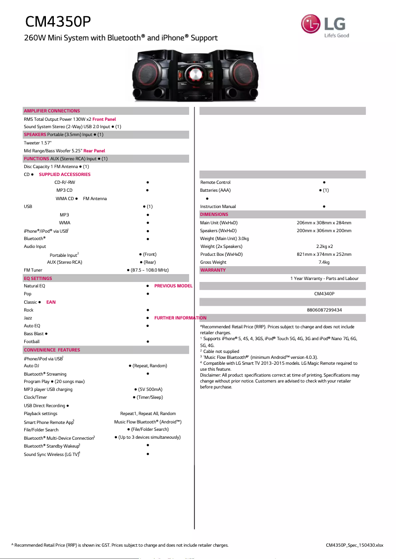 Page 1 of the manual Technical Sheet LG CM4350P