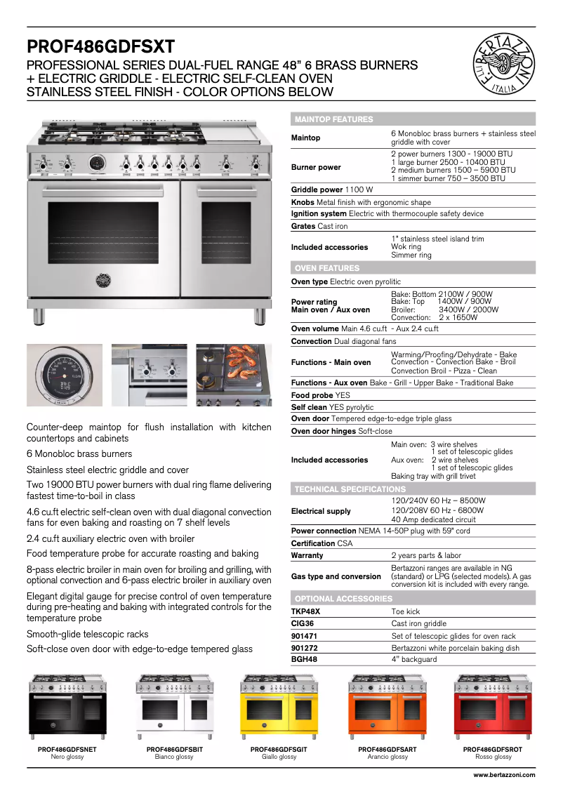 Page 1 of the manual Technical Sheet Bertazzoni PROF486GDFSART