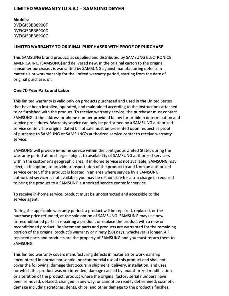 Page 1 of the manual Warranty Information Samsung DVG53BB8900D