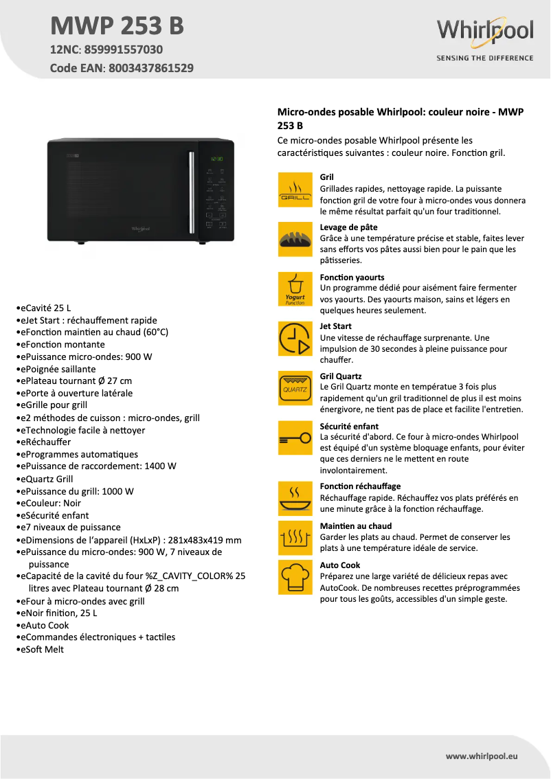 Page 1 of the manual Technical Sheet Whirlpool MWP 253 B