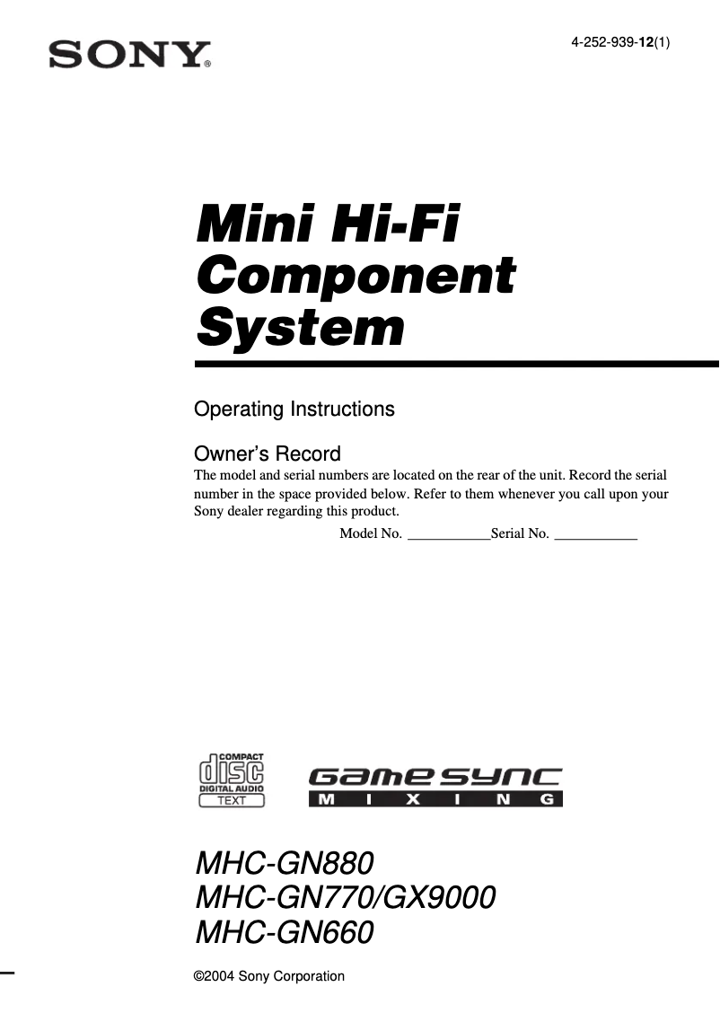 First page image of the manual for MHC-GN880