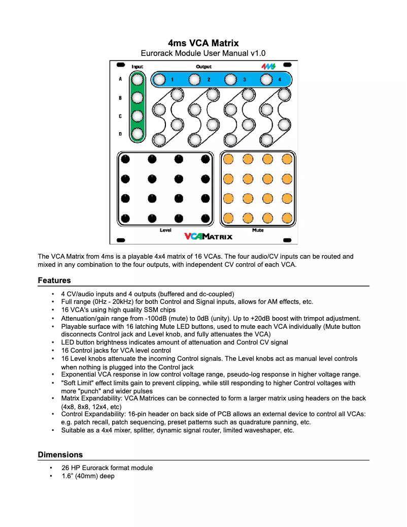 First page image of the manual for VCA Matrix