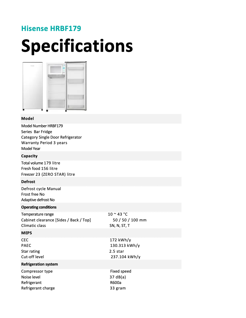 Page 1 of the manual Technical Sheet Hisense HRBF179