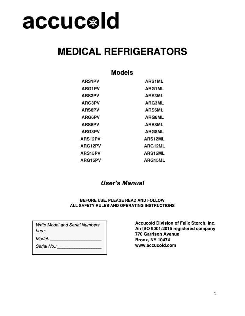 Page 1 of the manual User Manual Accucold ARG12PV