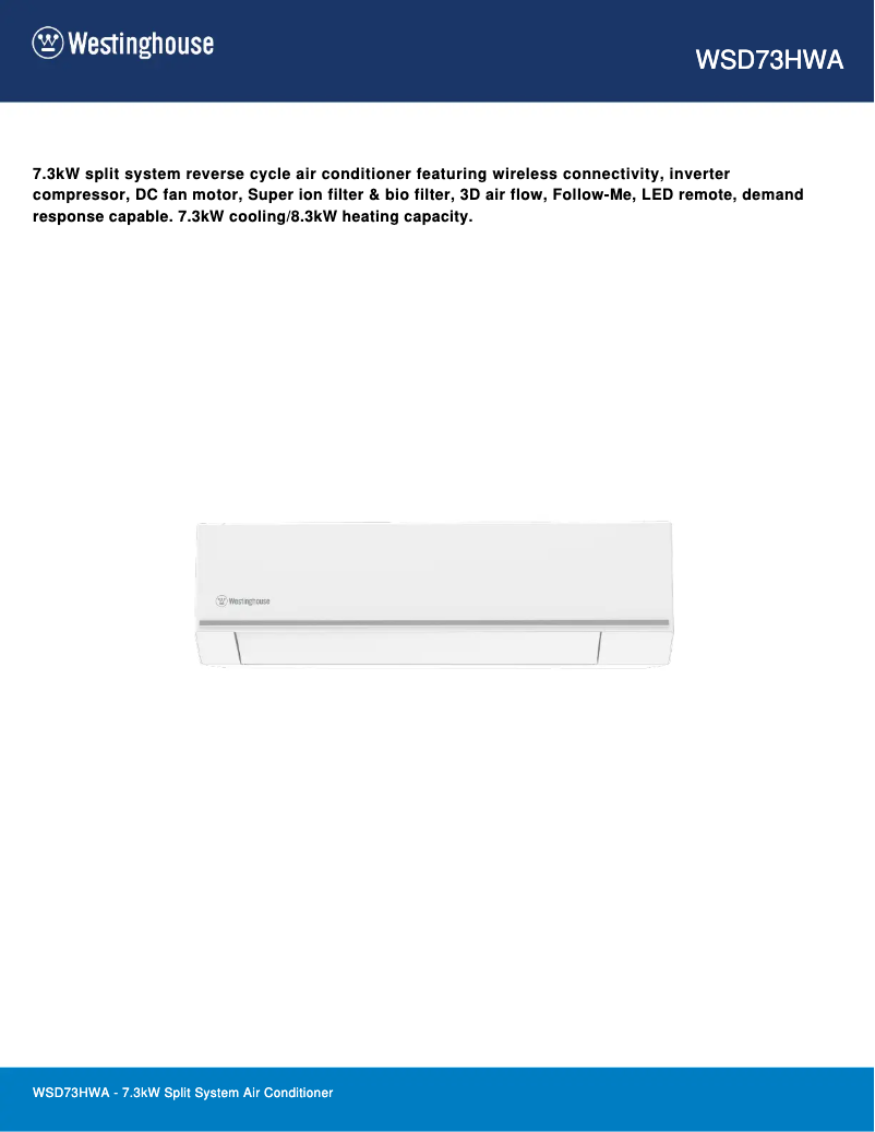 Page 1 de la notice Fiche technique Westinghouse WSD73HWA