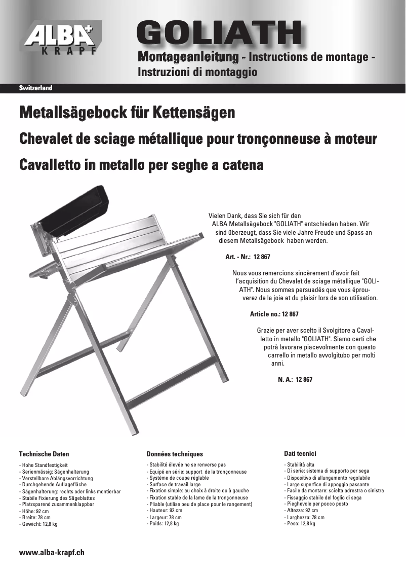 First page image of the manual for Goliath 12867