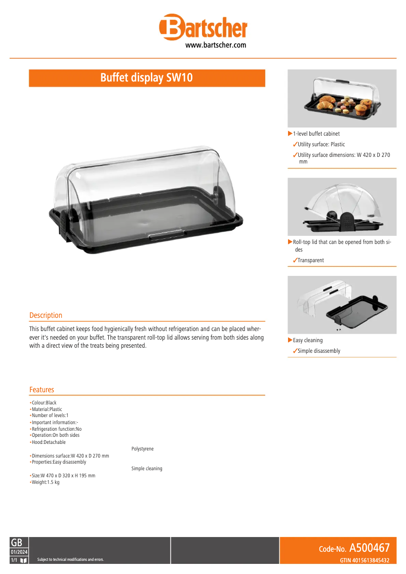 Page 1 of the manual Technical Sheet Bartscher SW10
