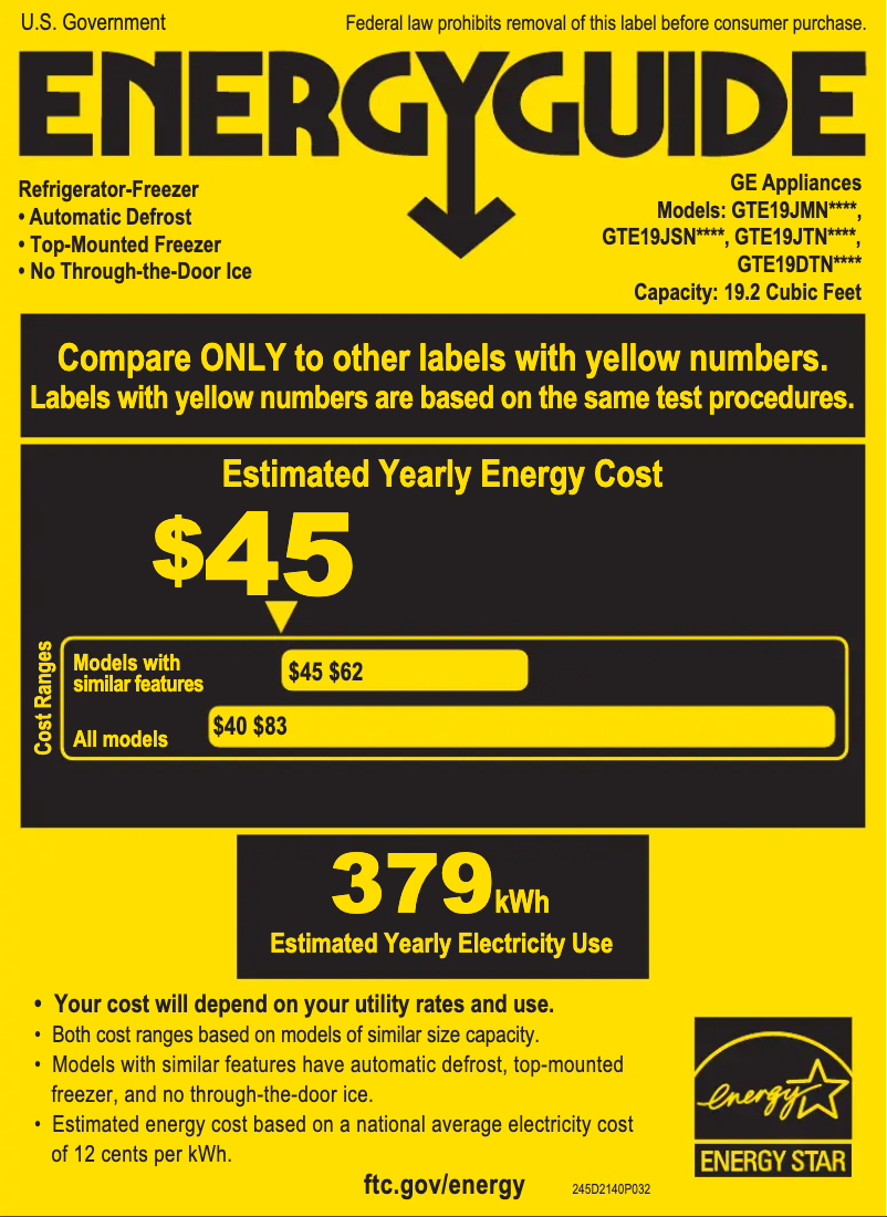 Page 1 of the manual Energy Label GE GTE19JSNRSS