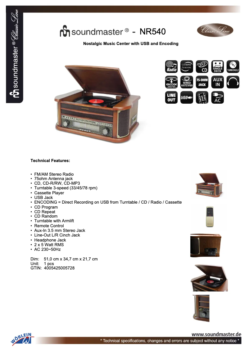 Page 1 of the manual Technical Sheet Soundmaster NR540