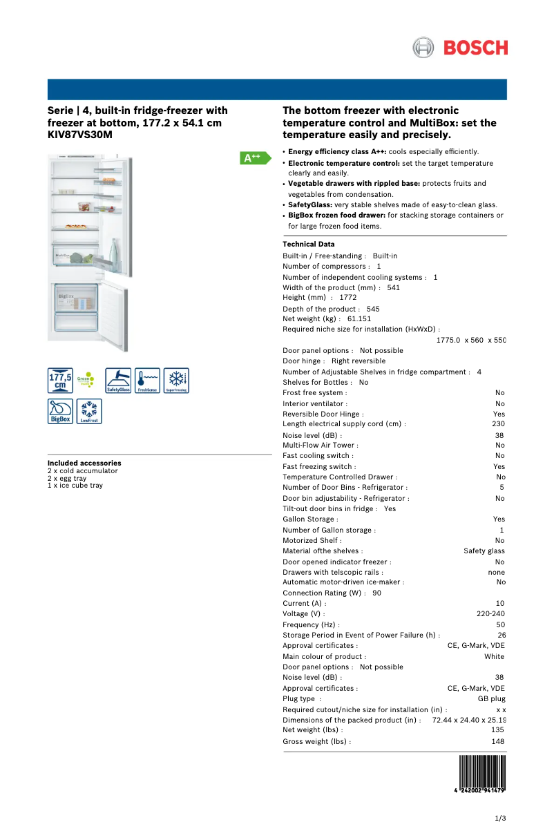 Page 1 of the manual Technical Sheet Bosch KIV87VS30M