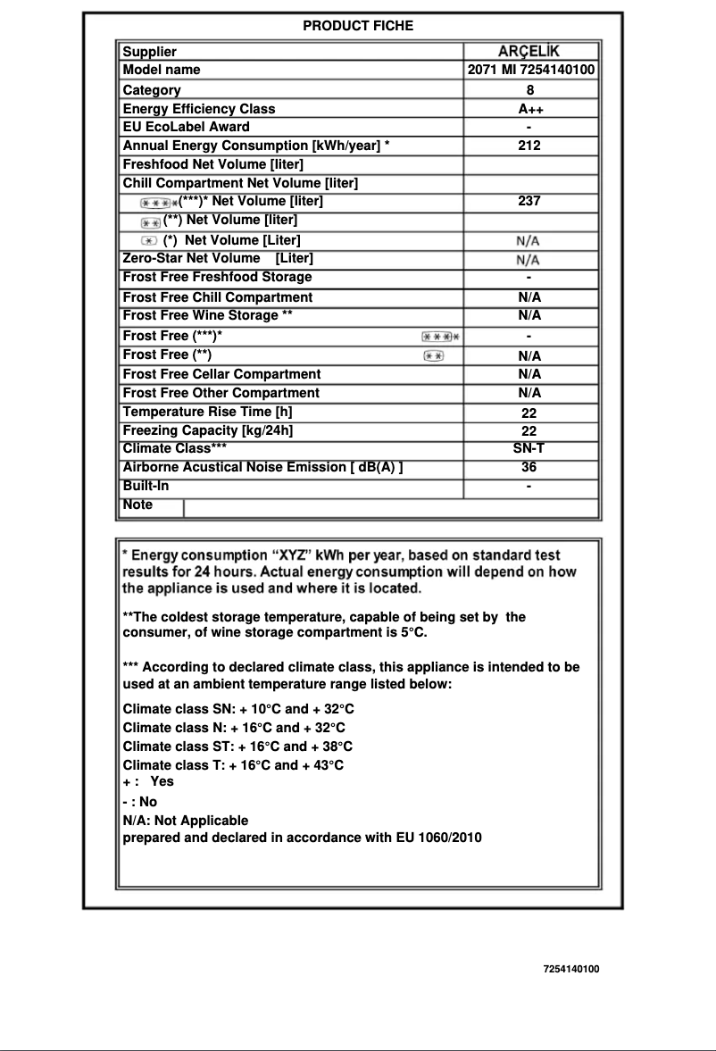Page 1 of the manual Technical Sheet Arçelik 2071 MI
