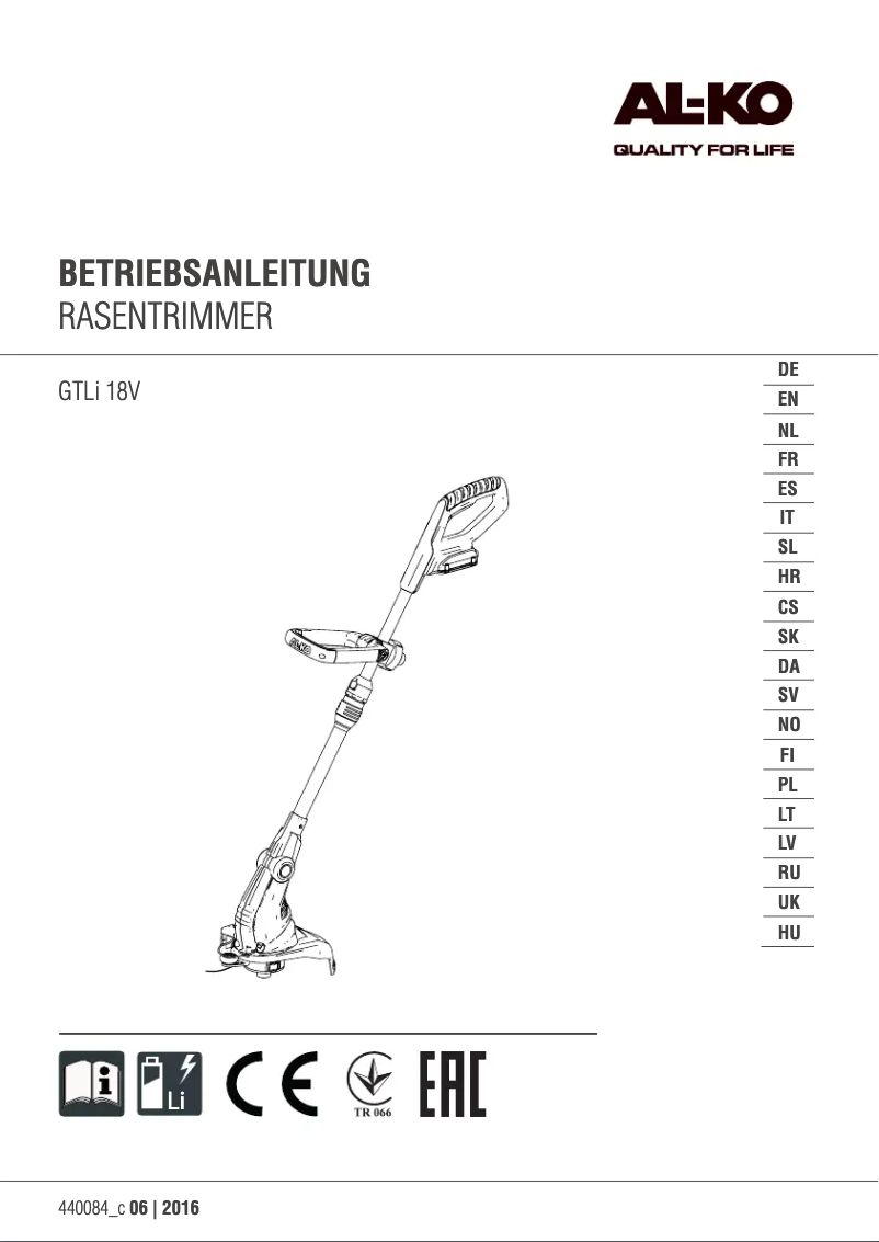 Page 1 of the manual User Manual AL-KO GTLi 18V