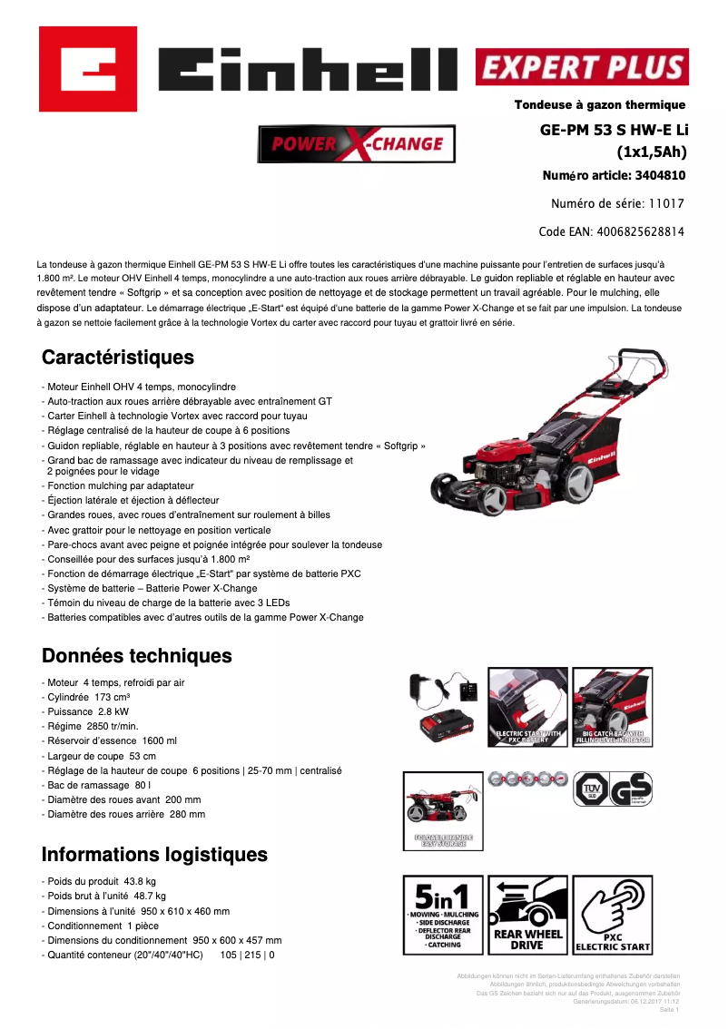 Page 1 of the manual Technical Sheet Einhell GE-PM 53 S-HW E Li