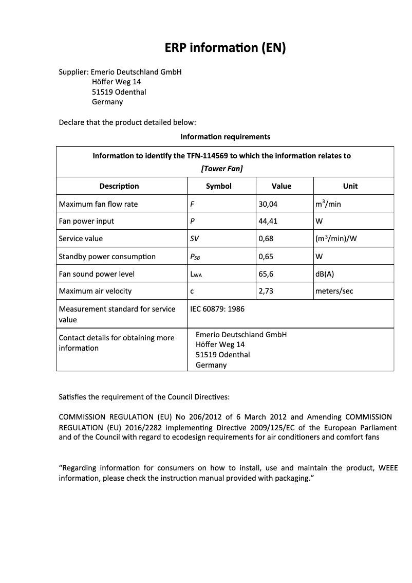 Page 1 de la notice Fiche technique Emerio TFN-114569
