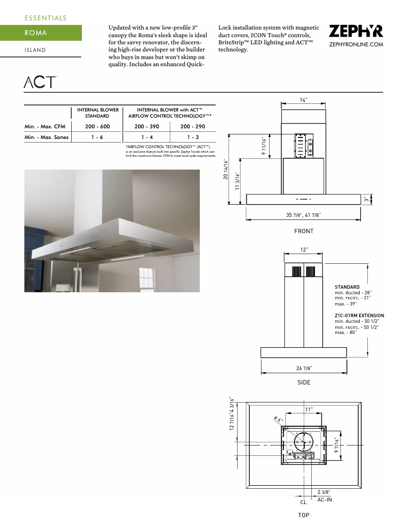 Page 1 of the manual Technical Sheet Zephyr ZRME42DS