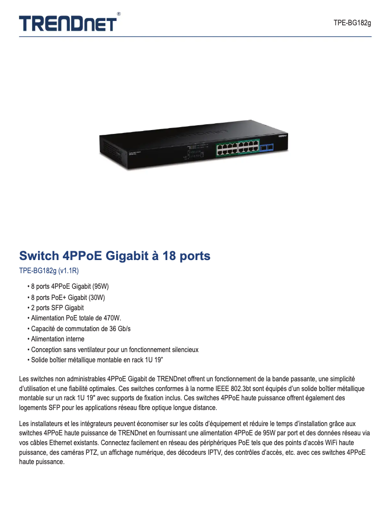 Page 1 of the manual Technical Sheet TRENDnet TPE-BG182g