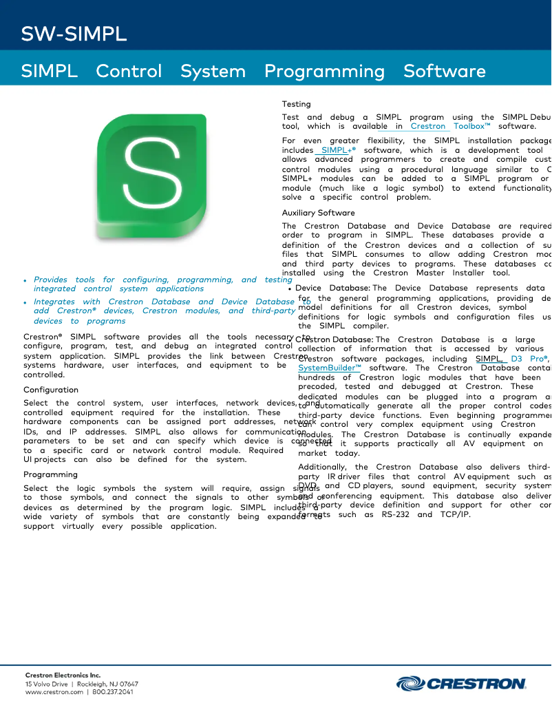 Page 1 of the manual Technical Sheet Crestron SIMPL