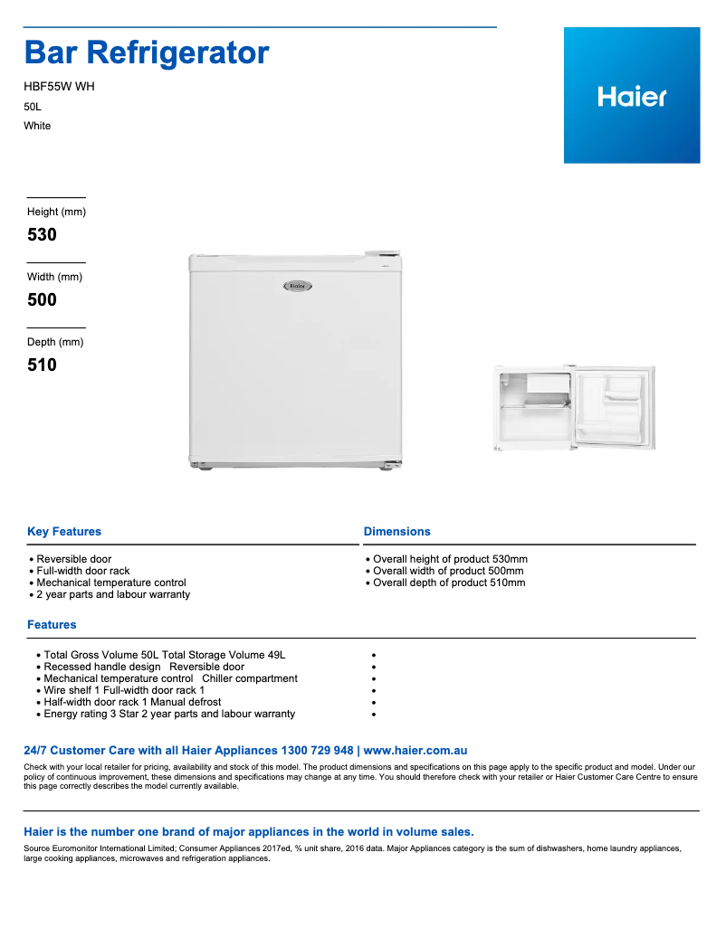 Page 1 of the manual Technical Sheet Haier HBF55W