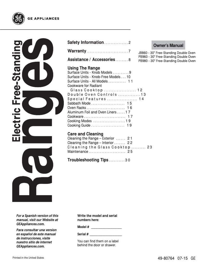 First page image of the manual for Profile PB960SJSS