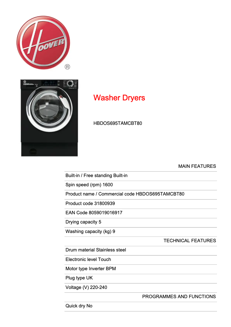 Page 1 of the manual Technical Sheet Hoover HBDOS695TAMCBT80