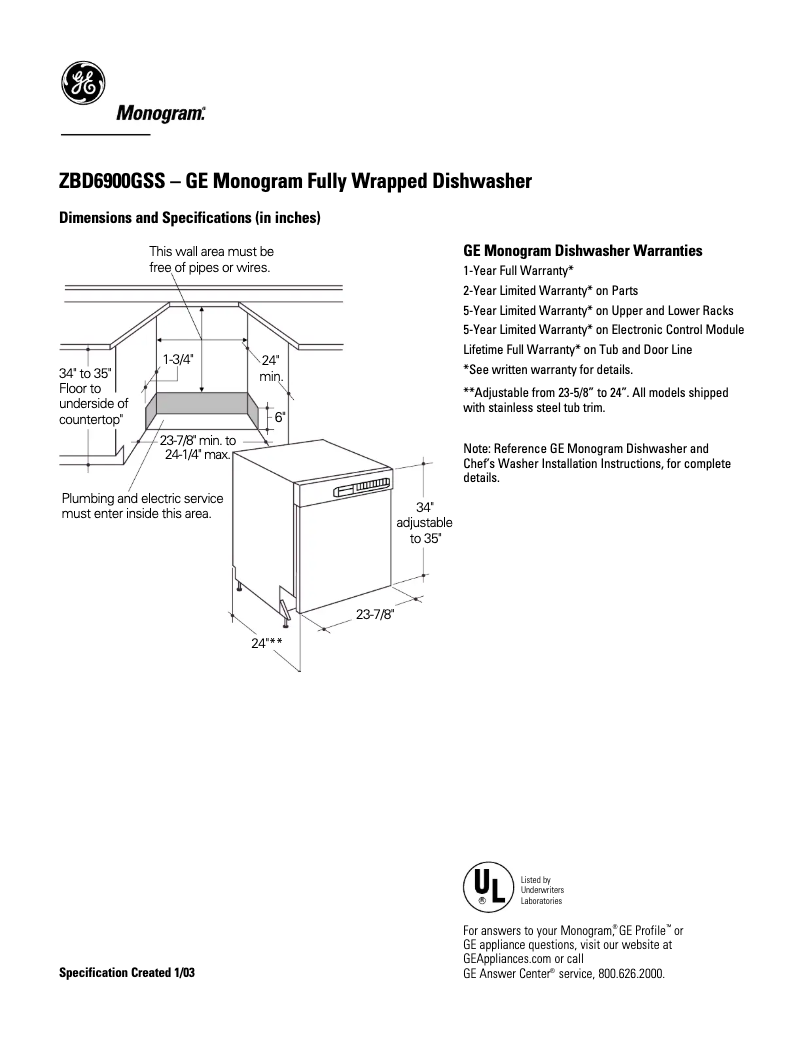 Page 1 of the manual Technical Sheet GE ZBD6900GSS