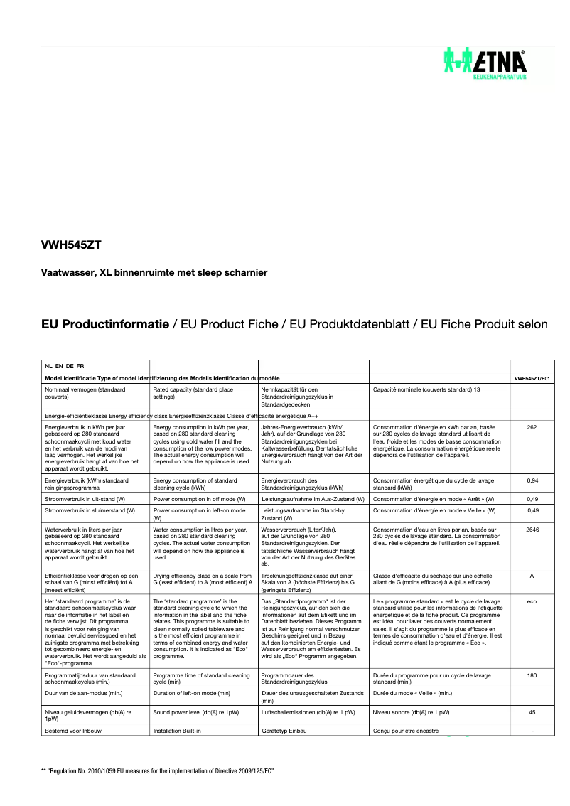 First page image of the manual for VWH545ZT