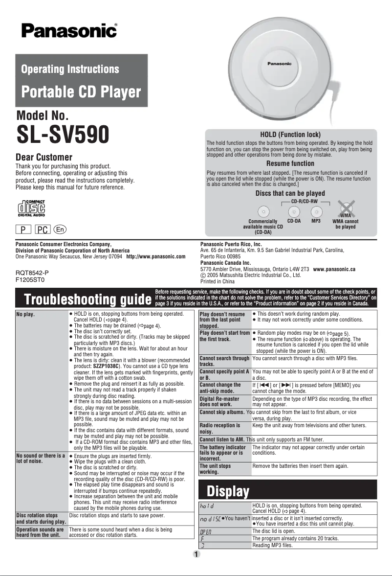 Page 1 of the manual User Manual Panasonic SL-SV590A
