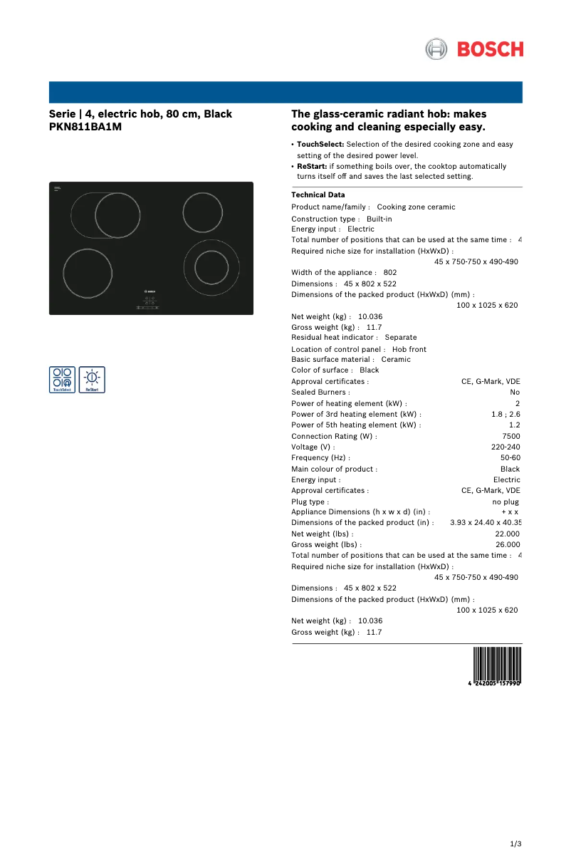 Page 1 of the manual Technical Sheet Bosch PKN811BA1M