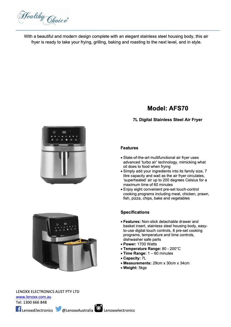 Page 1 of the manual User Manual Healthy Choice AFS70