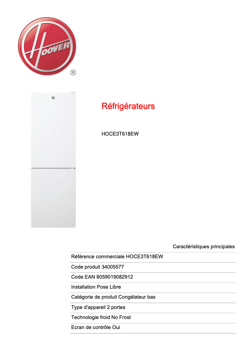 Page 1 of the manual Technical Sheet Hoover HOCE3T618EW