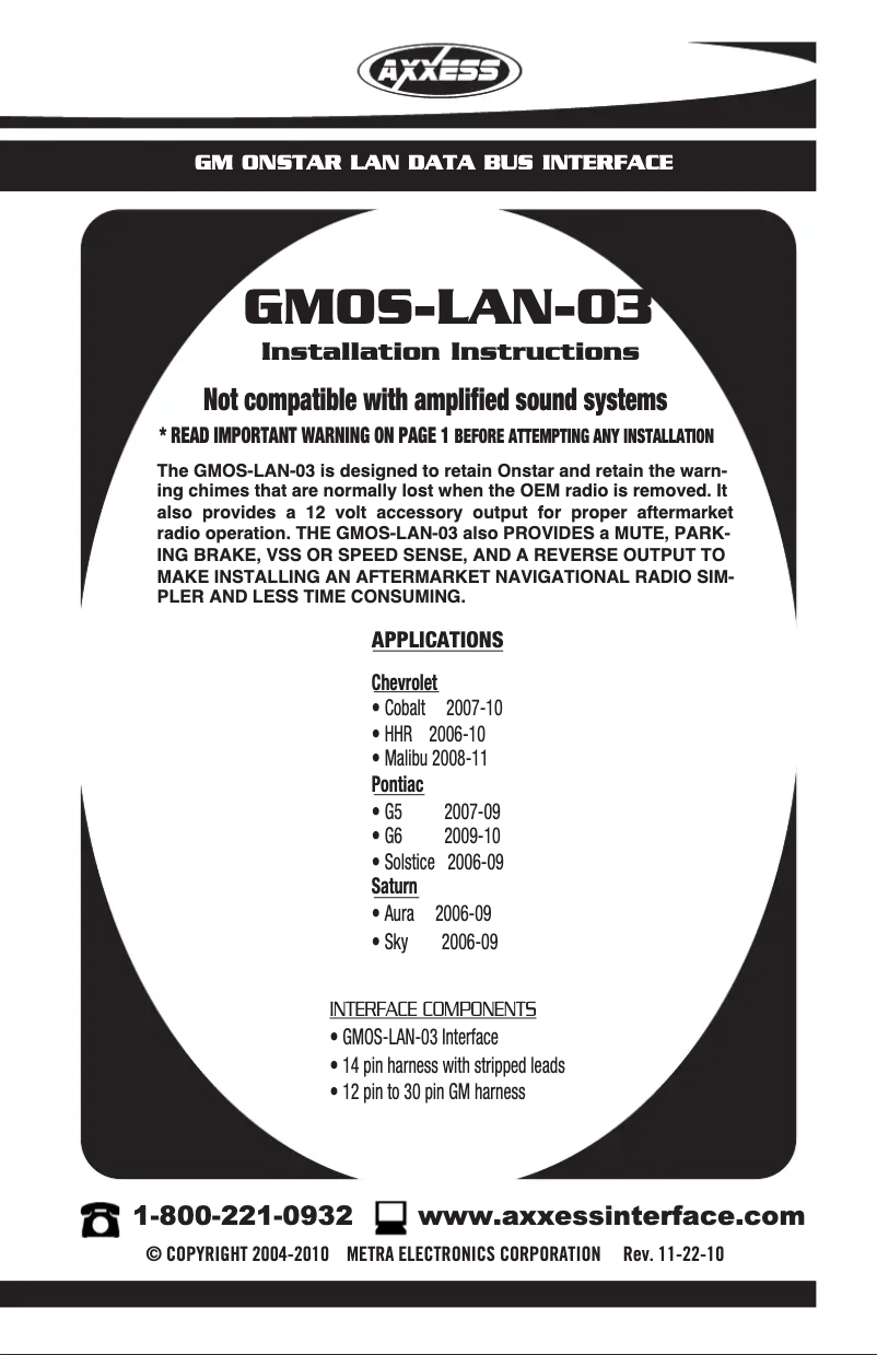 Page 1 de la notice Manuel utilisateur Metra GMOS-LAN-03