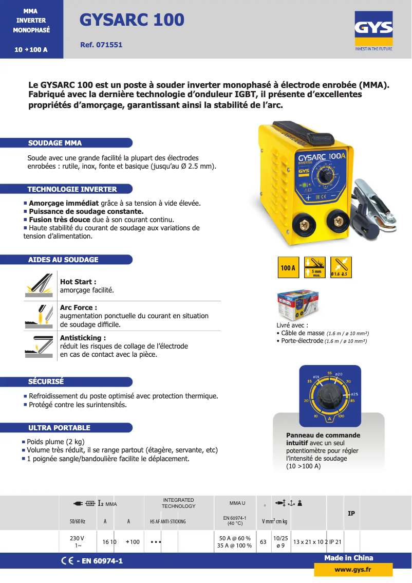 Page 1 of the manual Technical Sheet GYS Gysarc 100