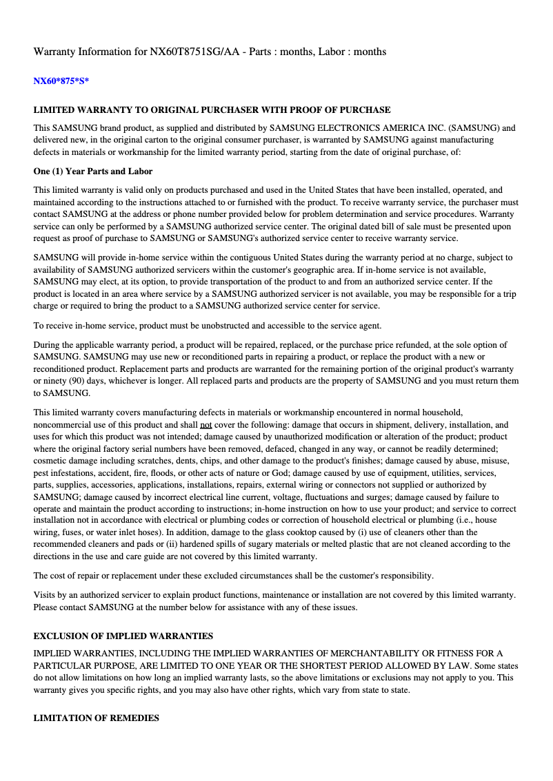 Page 1 of the manual Warranty Information Samsung NX60T8511SG