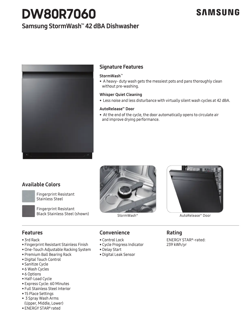 Page 1 of the manual Technical Sheet Samsung DW80R7060US
