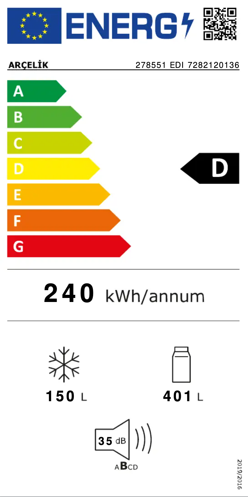 Page 1 of the manual Energy Label Arçelik 278551 EDI