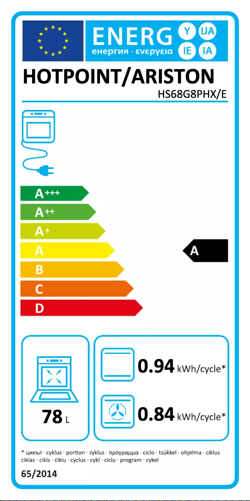 Page 1 of the manual Energy Label Hotpoint HS68G8PHX