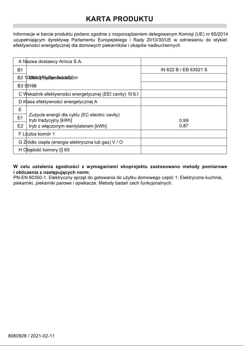 Page 1 of the manual Technical Sheet Amica IN 622 B