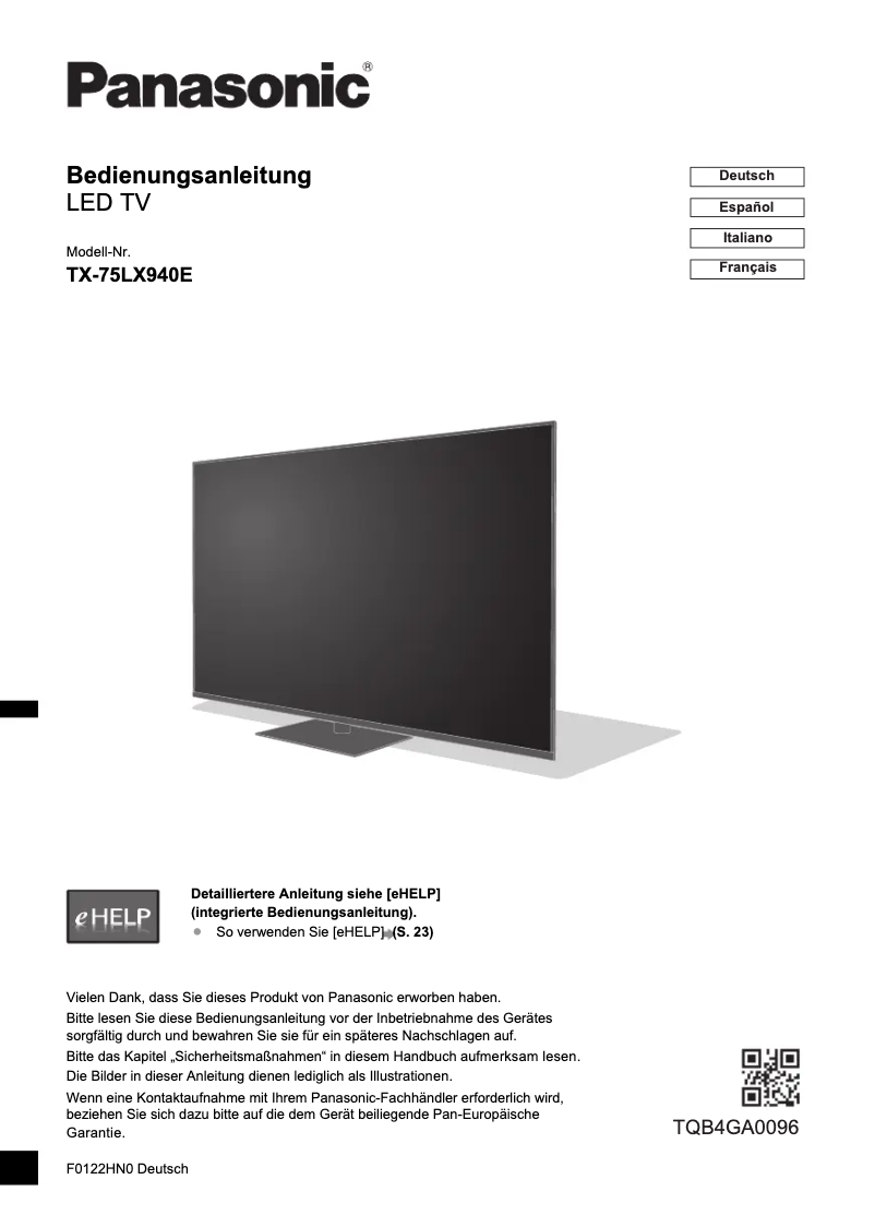 Page 1 of the manual User Manual Panasonic TX-75LX940E