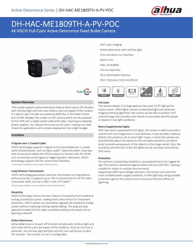 Page 1 of the manual Technical Sheet Dahua Technology HAC-ME1809TH-A-PV-POC