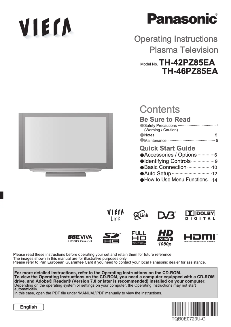 First page image of the manual for Viera TH-46PZ85EA