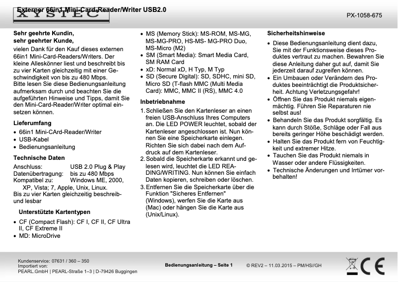 Page 1 of the manual User Manual Xystec PX-1058-675
