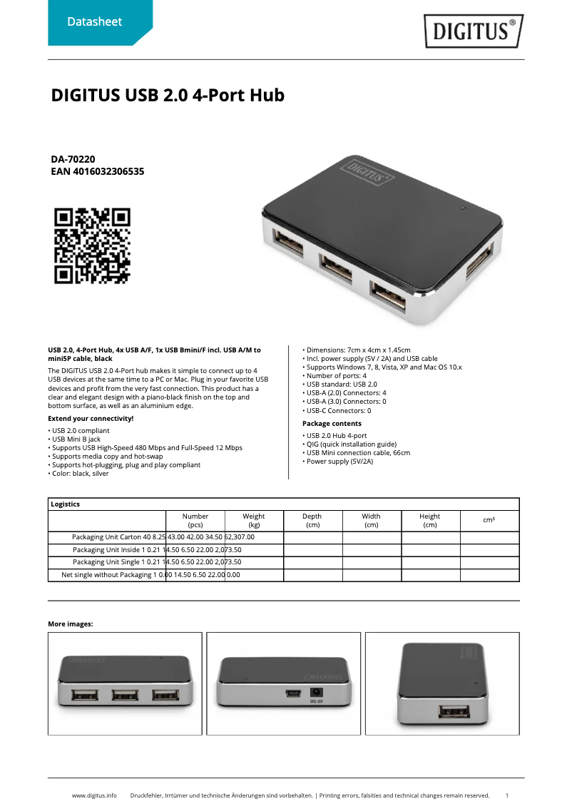 Page 1 of the manual Technical Sheet Digitus DA-70220