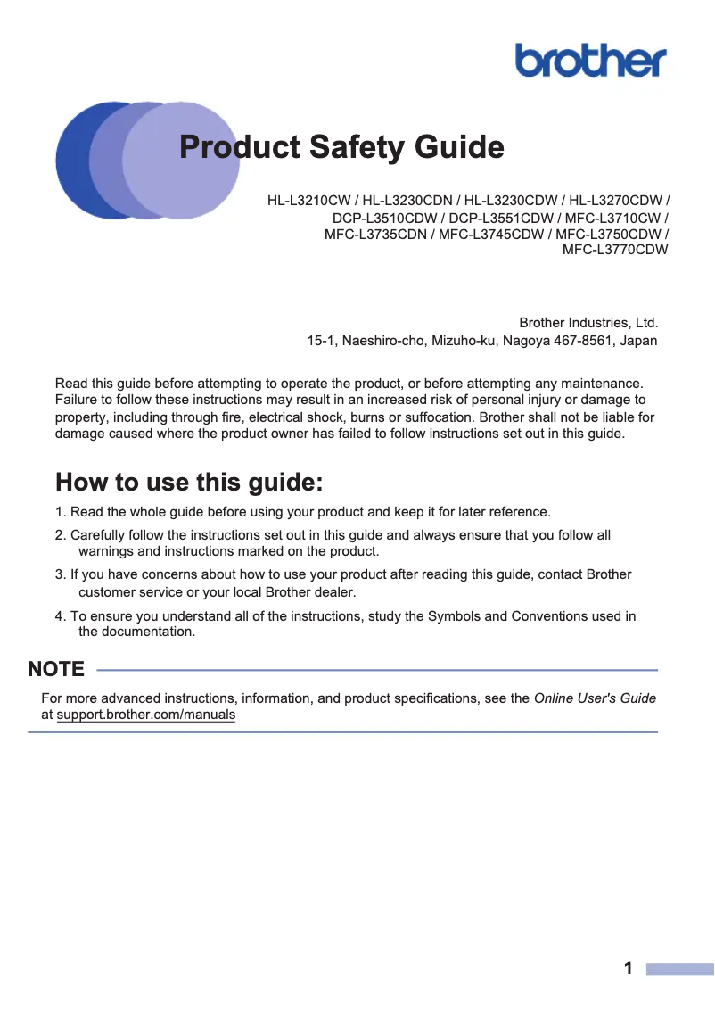 Page 1 of the manual Safety Instructions Brother DCP-L3510CDW