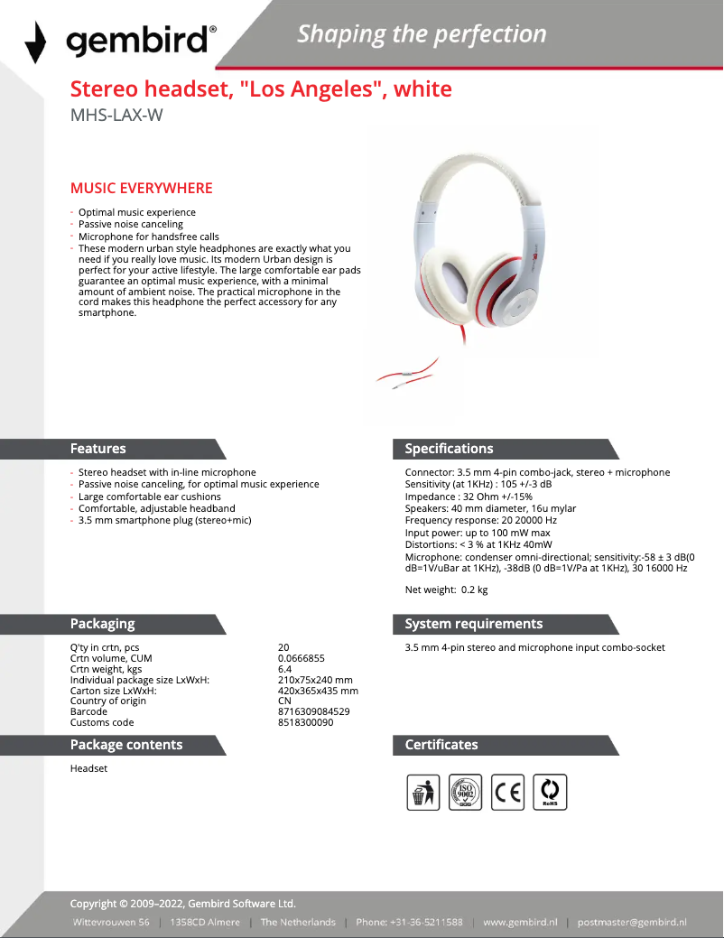 Page 1 of the manual User Manual Gembird Los Angeles MHS-LAX-W