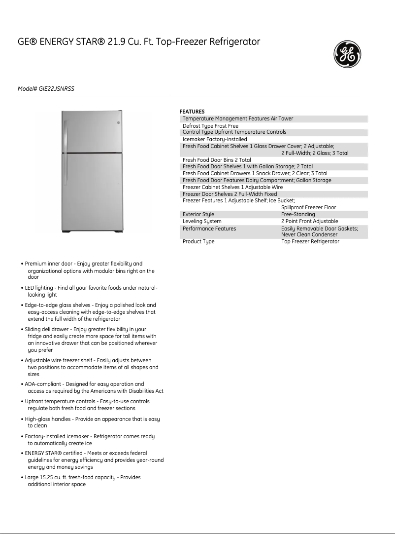 Page 1 of the manual Technical Sheet GE GIE22JSNRSS