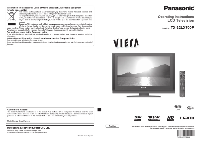 First page image of the manual for Viera TX-32LX700P